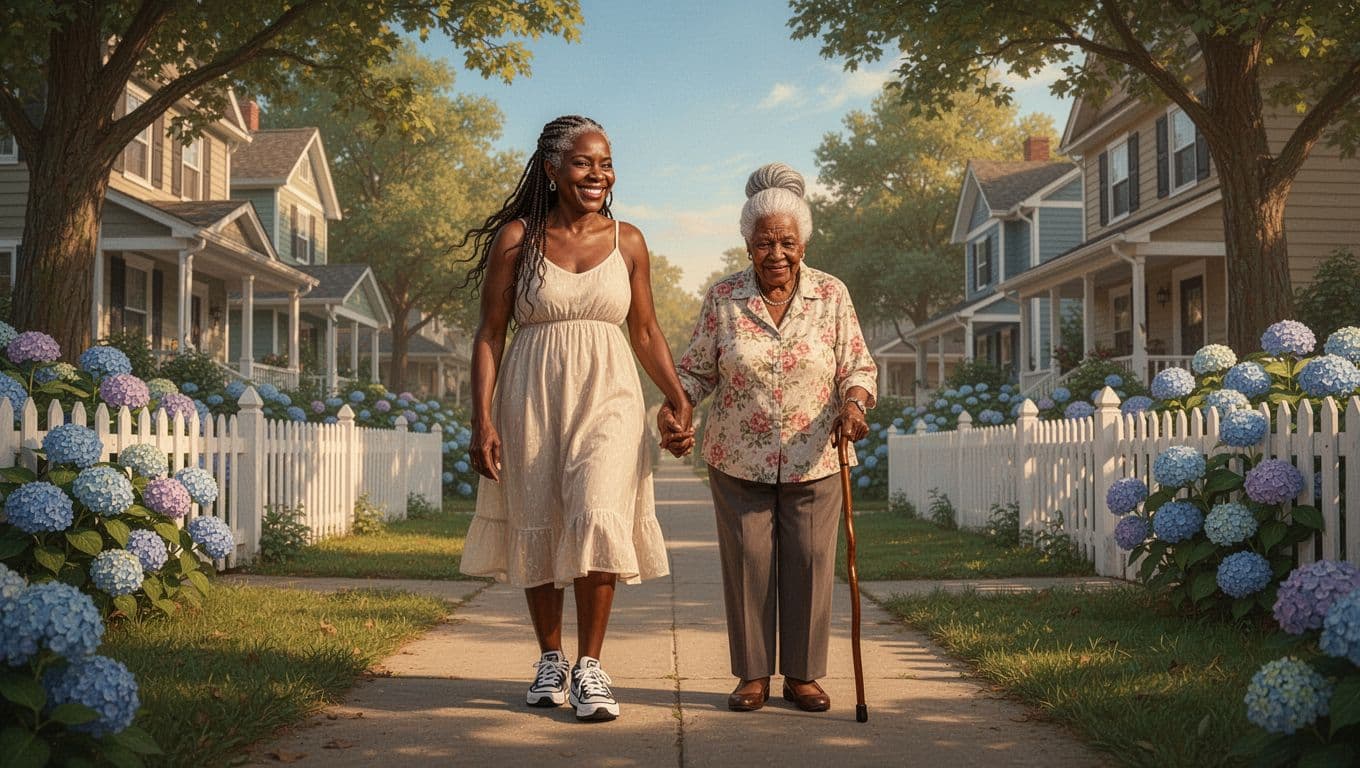 Black woman walking with elderly parent in a peaceful setting