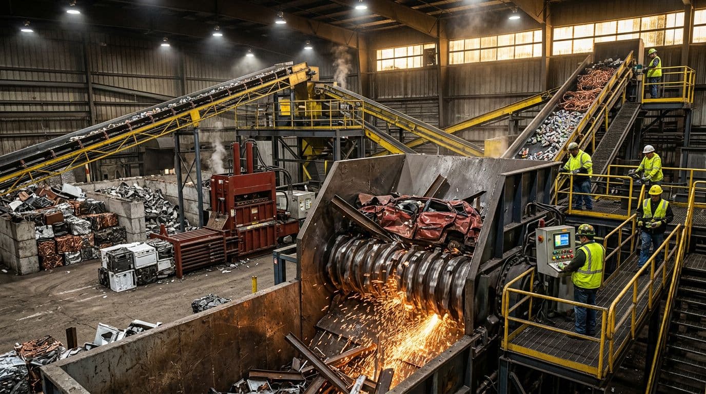 industrial scrap metal shredder processing steel and aluminum in recycling facility