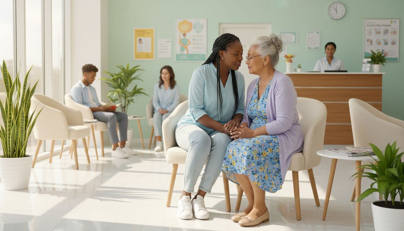 Black woman accompanying elderly parent to doctor appointment