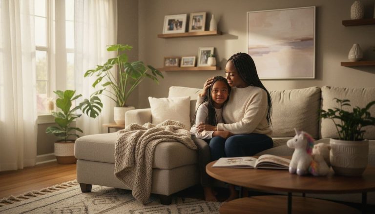mother comforting child during separation in calm home setting