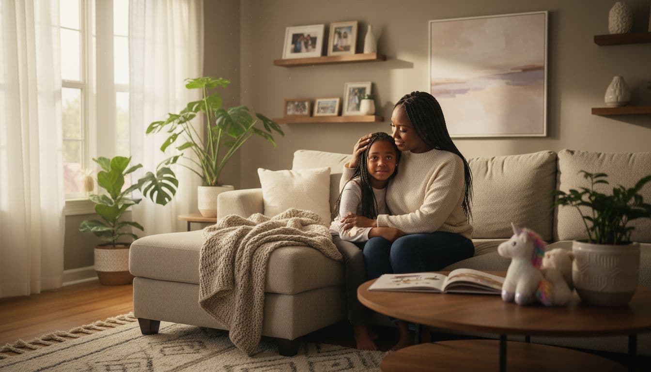 mother comforting child during separation in calm home setting