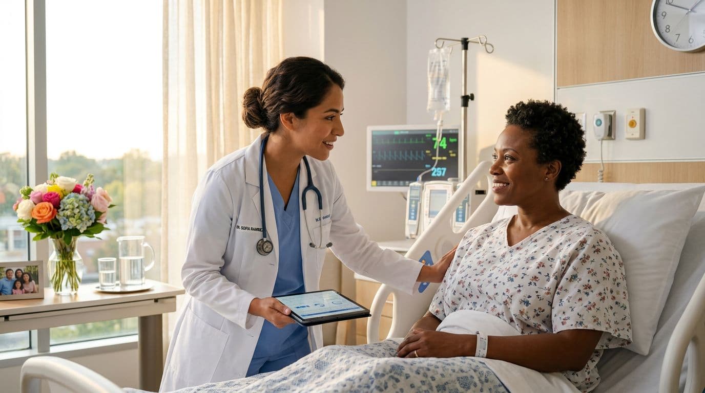 female doctor holding a stethoscope in a hospital examination room