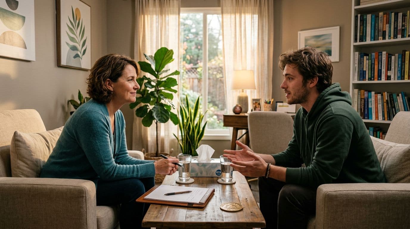 Therapist talking with a client during an addiction recovery counseling session