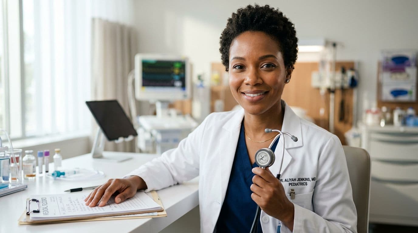 female doctor holding a stethoscope in a hospital examination room
