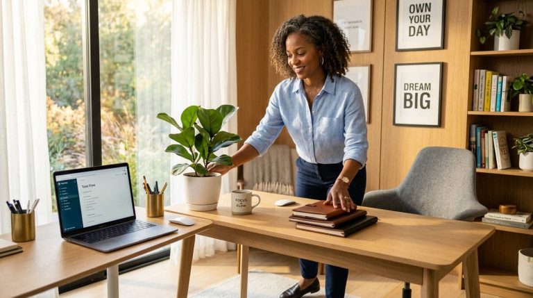 African American woman organizing her home office desk with plants and natural light