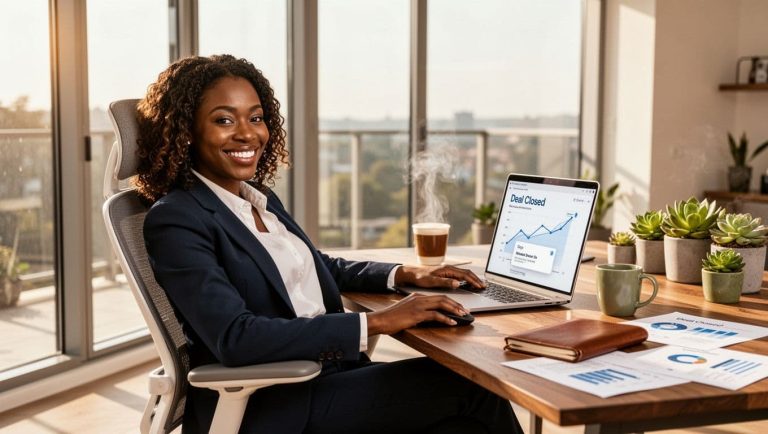 confident Black businesswoman after successfully converting leads to sales