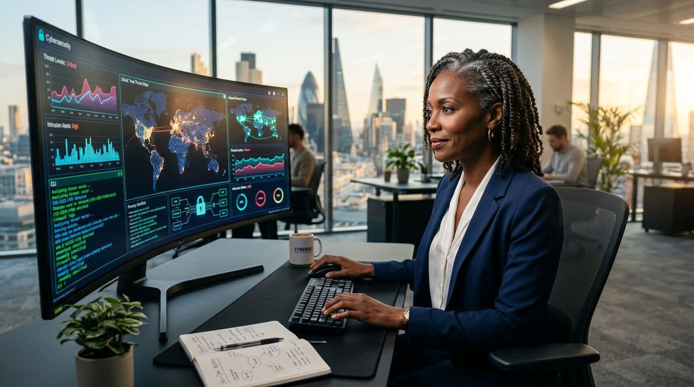 Black woman cybersecurity professional analyzing security data on multiple monitors