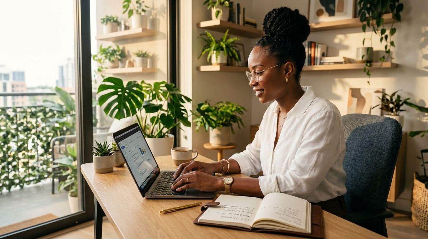 Black woman entrepreneur confidently working on her laptop in a bright home office