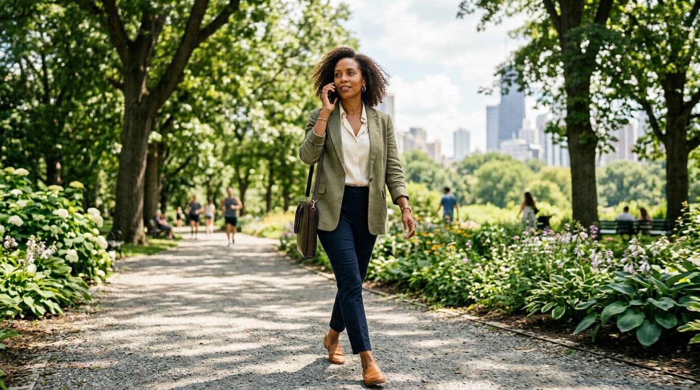 entrepreneur walking in a park while talking on a phone call