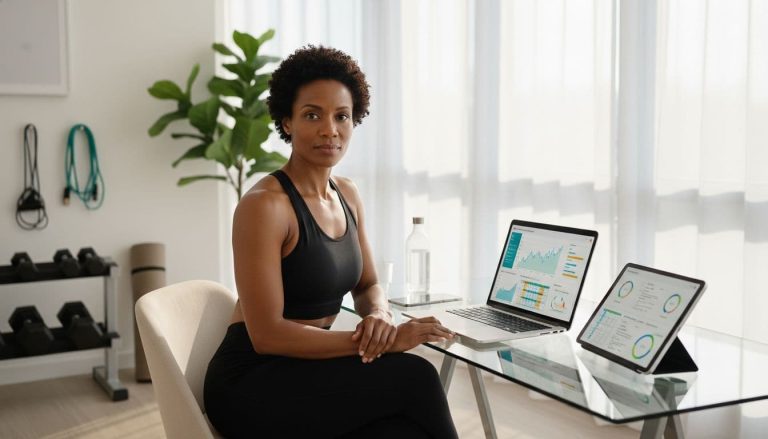 Black female fitness coach using laptop and tablet to manage client fitness programs