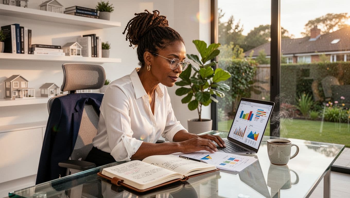 Black woman reviewing housing market information on laptop