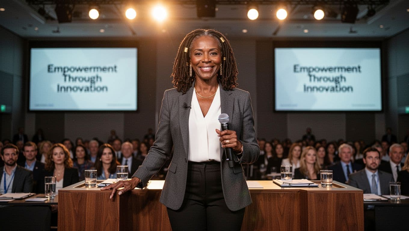 Black woman standing confidently after delivering a speech