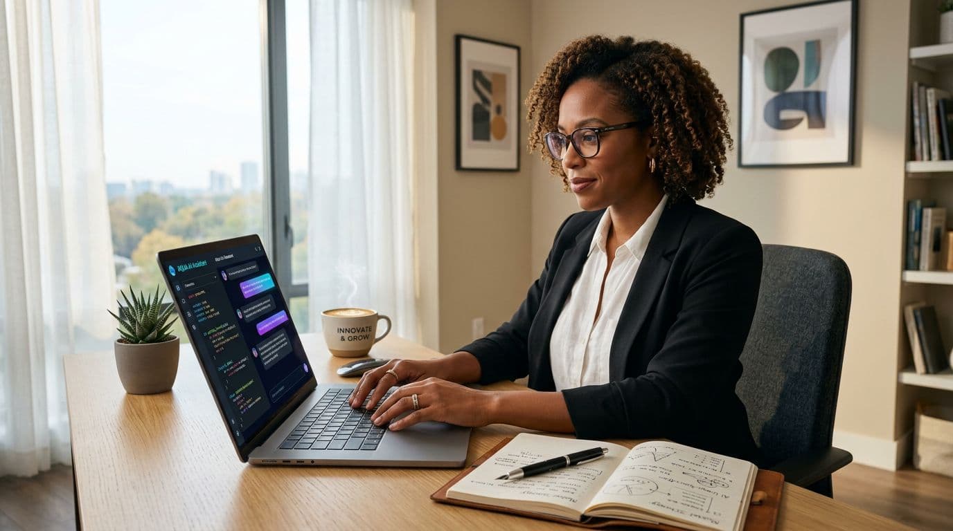 Black woman entrepreneur using AI on her laptop to analyze audience needs and buyer behavior