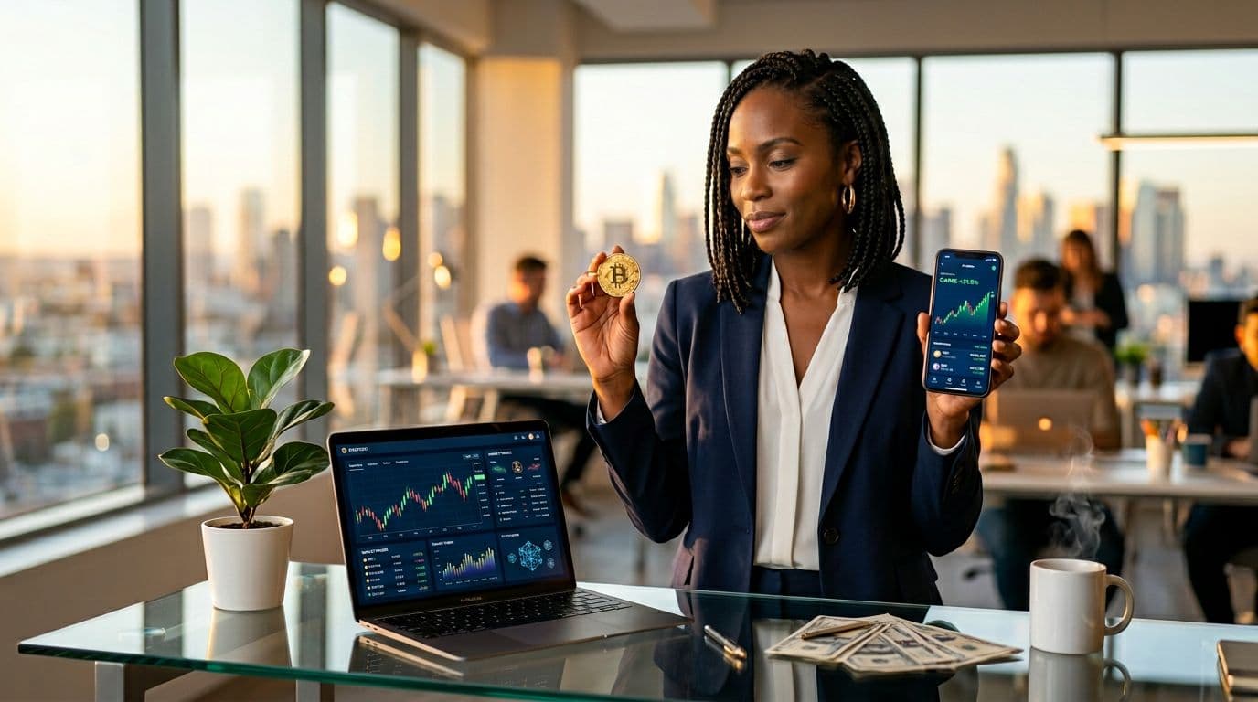 woman using bitcoin and mobile finance app for digital financial independence