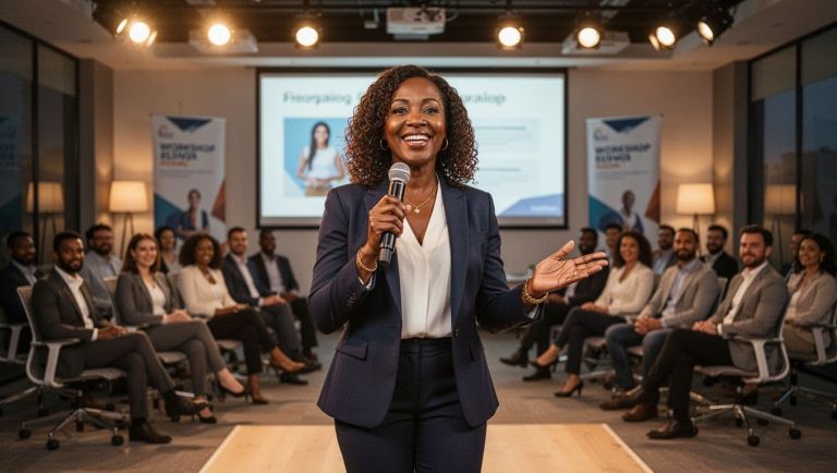 Black woman speaking confidently into a microphone