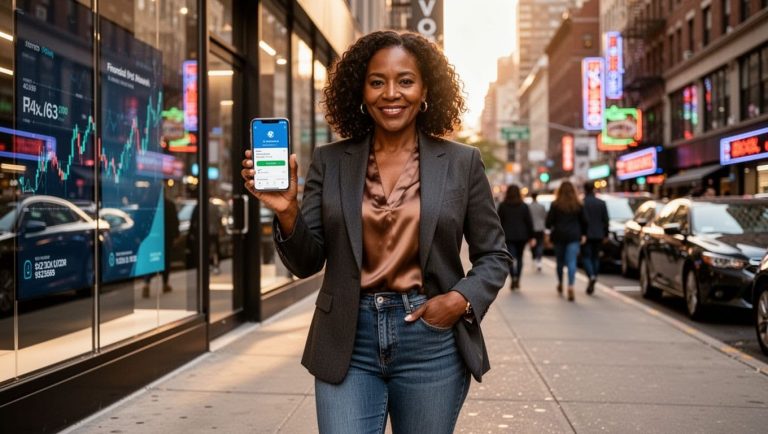 Black woman using smartphone for digital banking outside a store