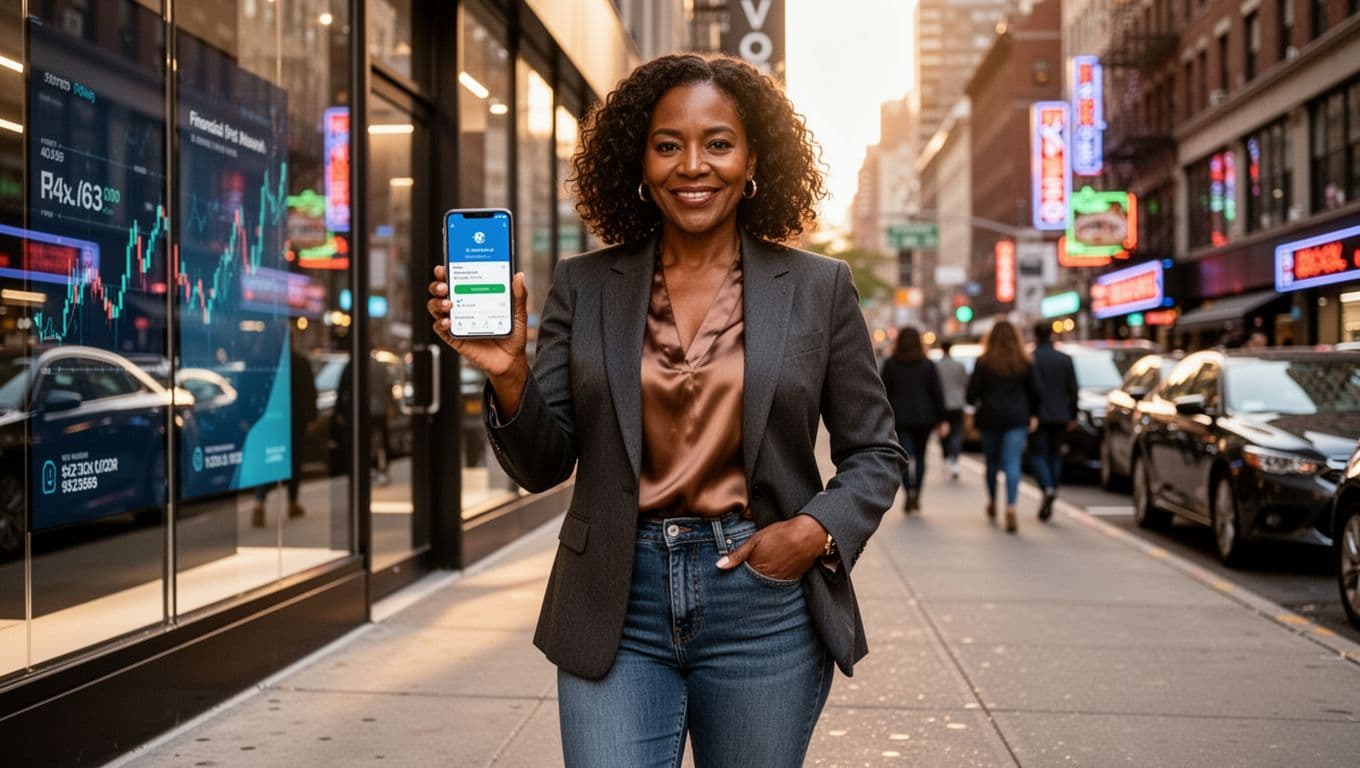Black woman using smartphone for digital banking outside a store
