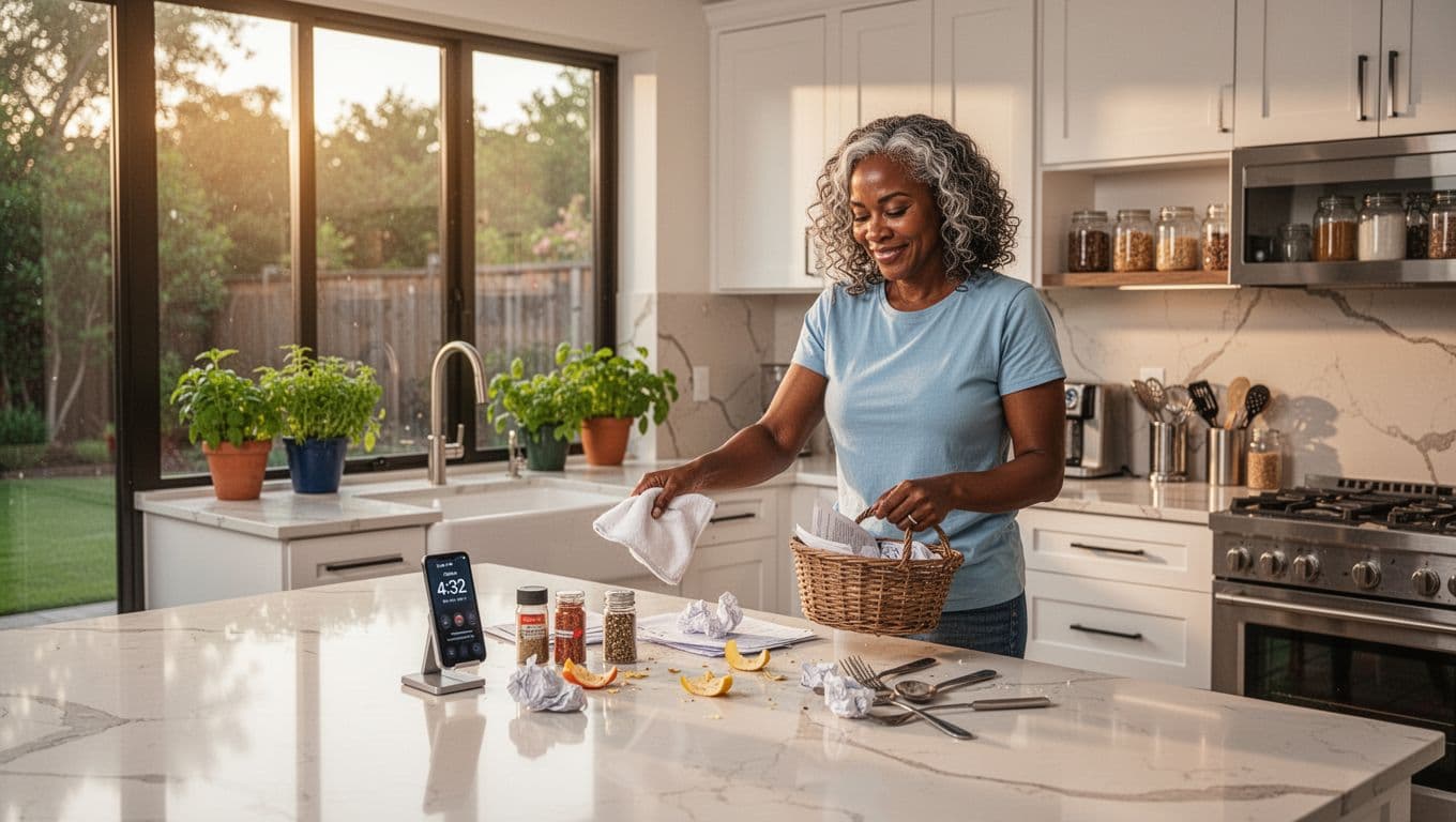 Black woman decluttering kitchen counter during quick cleaning session