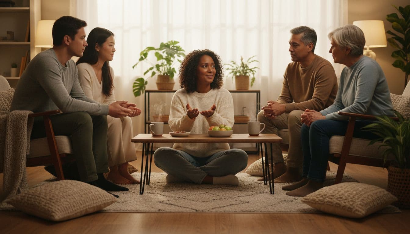 woman participating in a supportive group discussion during recovery