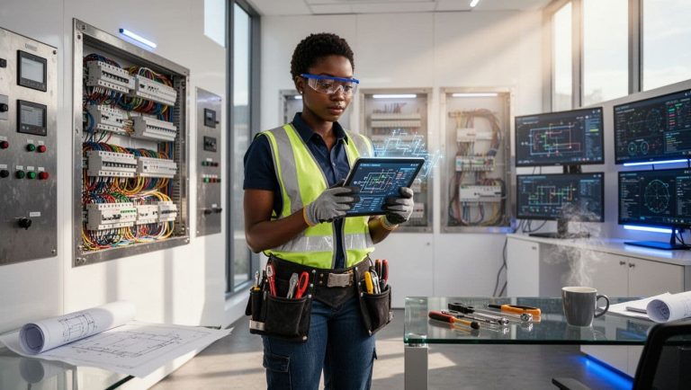 electrician using tablet to monitor electrical system reliability in modern workspace