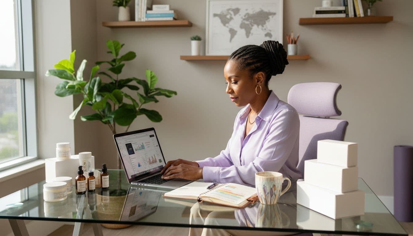 woman planning successful product lines with packaging and branding materials