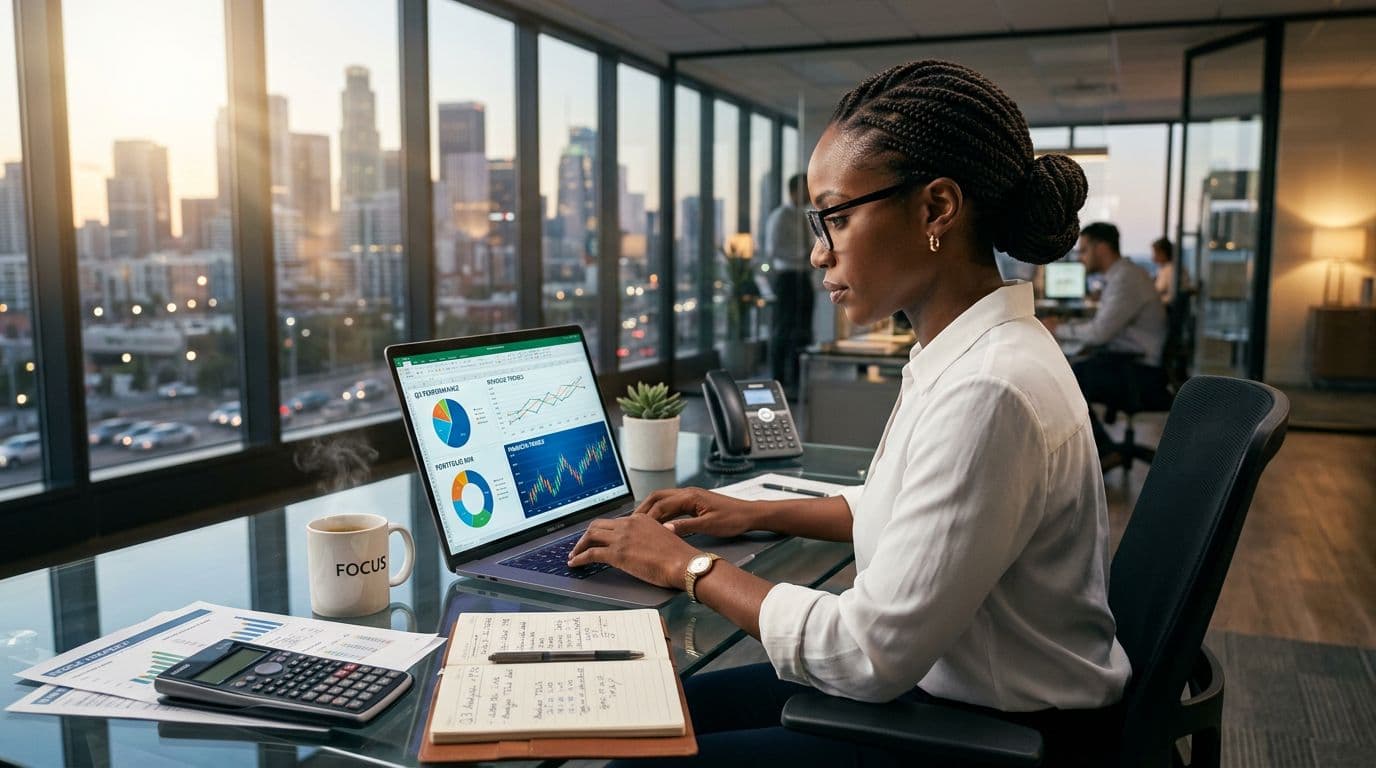Financial professional analyzing charts and financial data on a laptop in an office