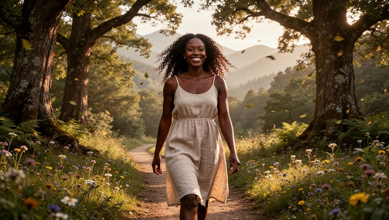 Black woman walking forward confidently and embracing balance