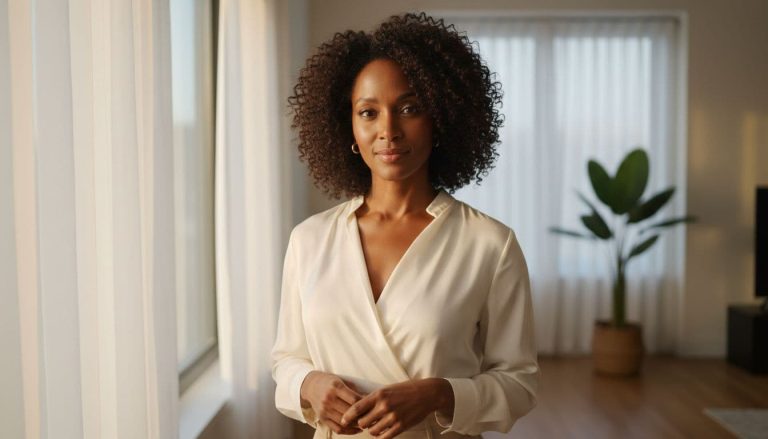 Black woman standing confidently in a bright room with natural light and calm expression