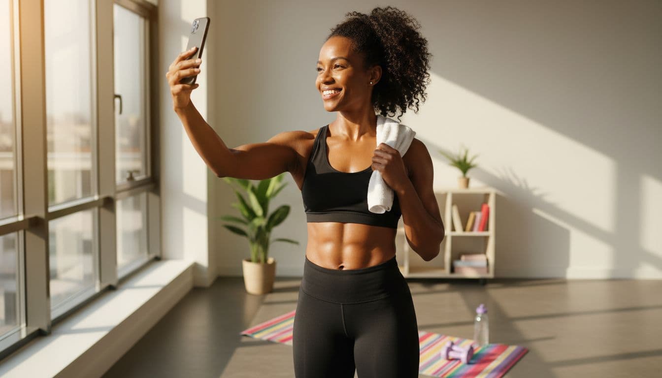 Black woman taking selfie after workout to stay focused and energized