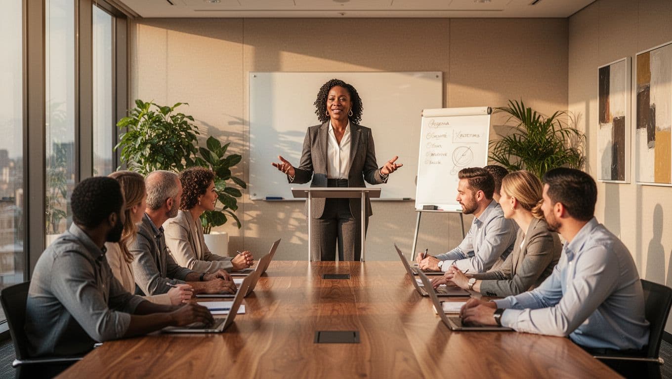 Black woman presenting ideas to a group in a meeting