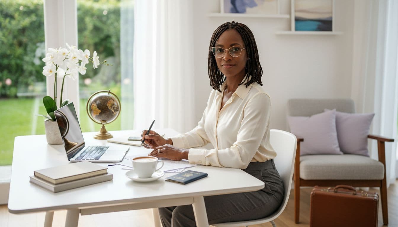 Black woman working from home with laptop and passport for expat taxes
