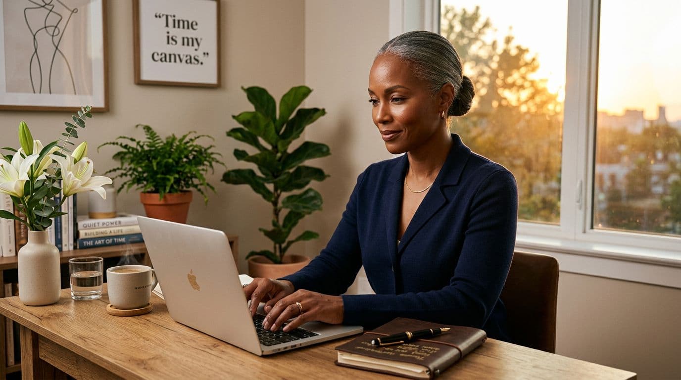 Black woman in her 40s working calmly at her desk while prioritizing tasks and choosing herself daily