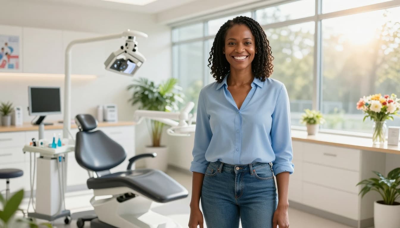 Black woman smiling in a modern dental clinic after appointment
