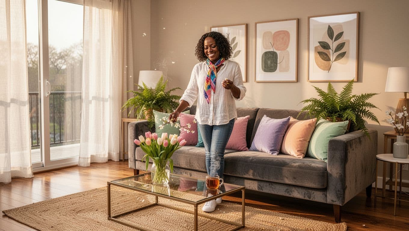 Black woman refreshing her living room during a seasonal home reset