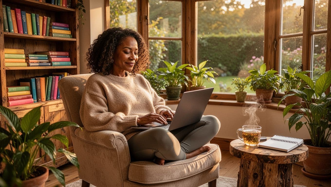 Black woman writing blog content on laptop in a calm setting