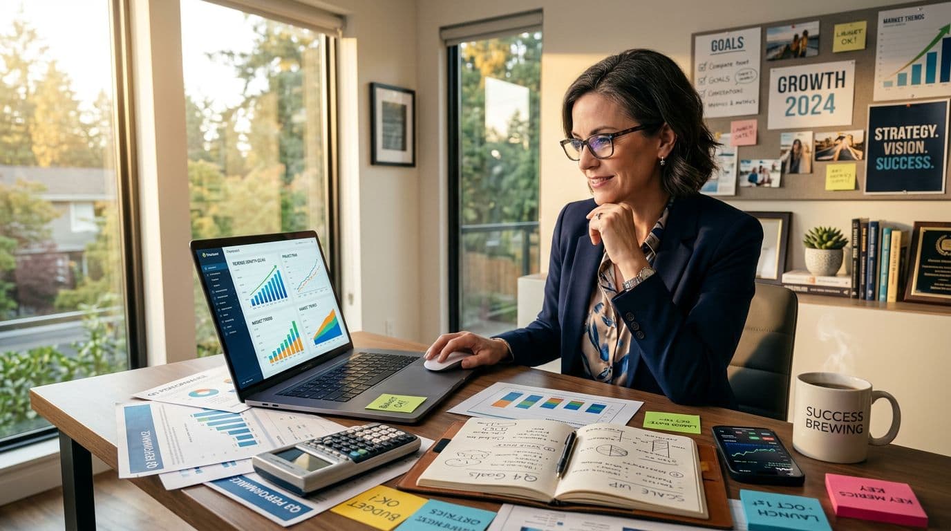 small business owner reviewing financial charts and planning business financing
