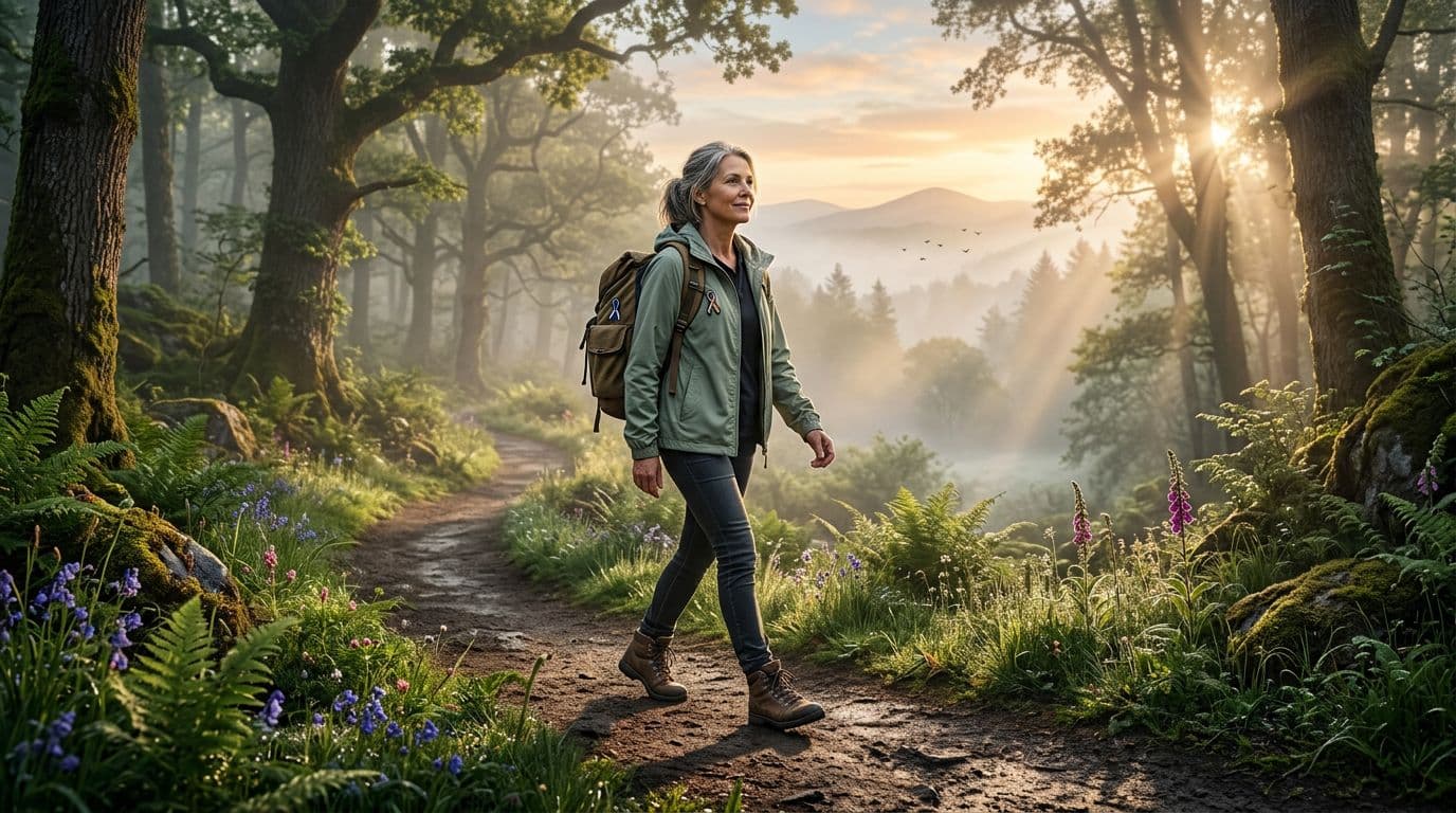 Woman walking along a forest trail at sunrise symbolizing recovery and personal growth