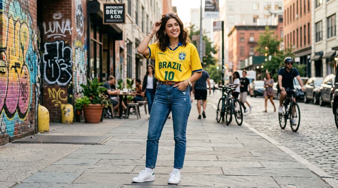 woman wearing soccer jersey with jeans and sneakers styled as everyday street outfit