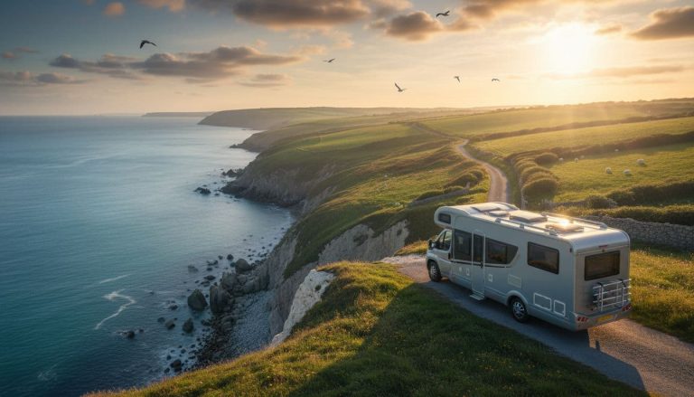 motorhome parked near UK coastline during scenic road trip