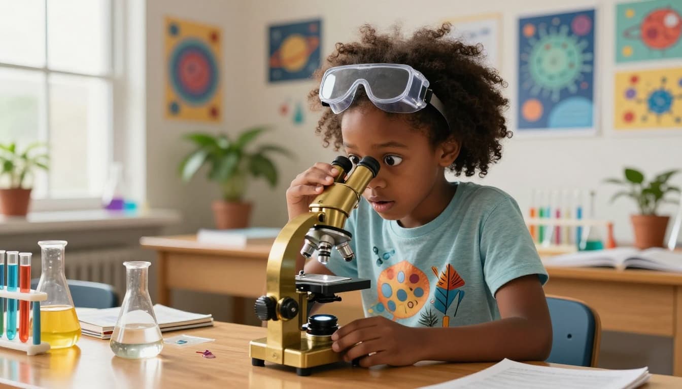 young girl looking through a microscope during a science experiment
