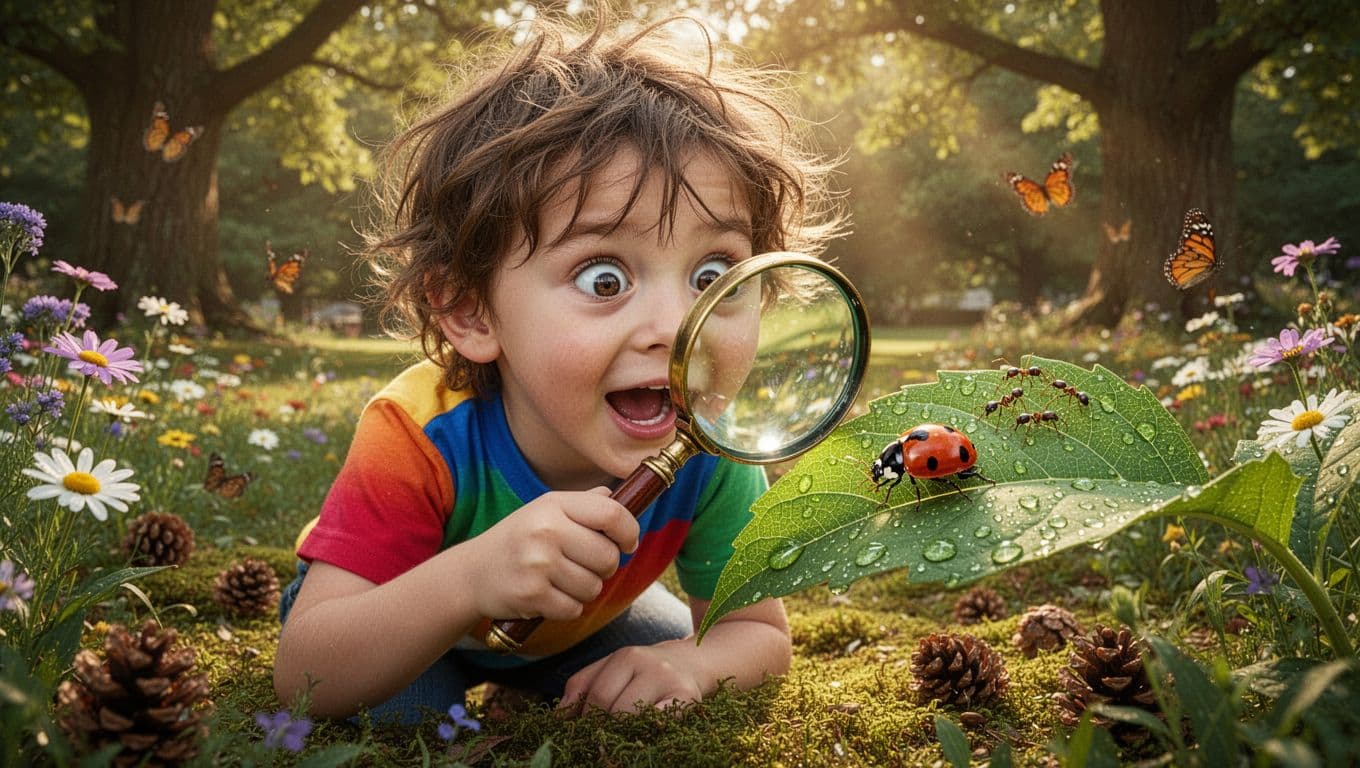 child examining a ladybug on a leaf using a magnifying glass