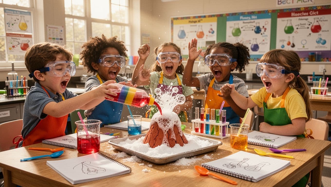 group of children watching a baking soda volcano science experiment