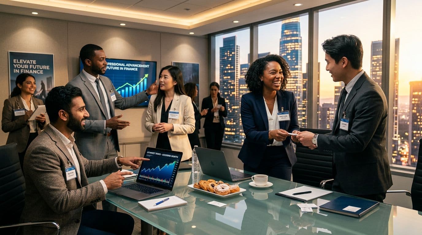 Group of finance professionals networking and discussing opportunities at a business meeting
