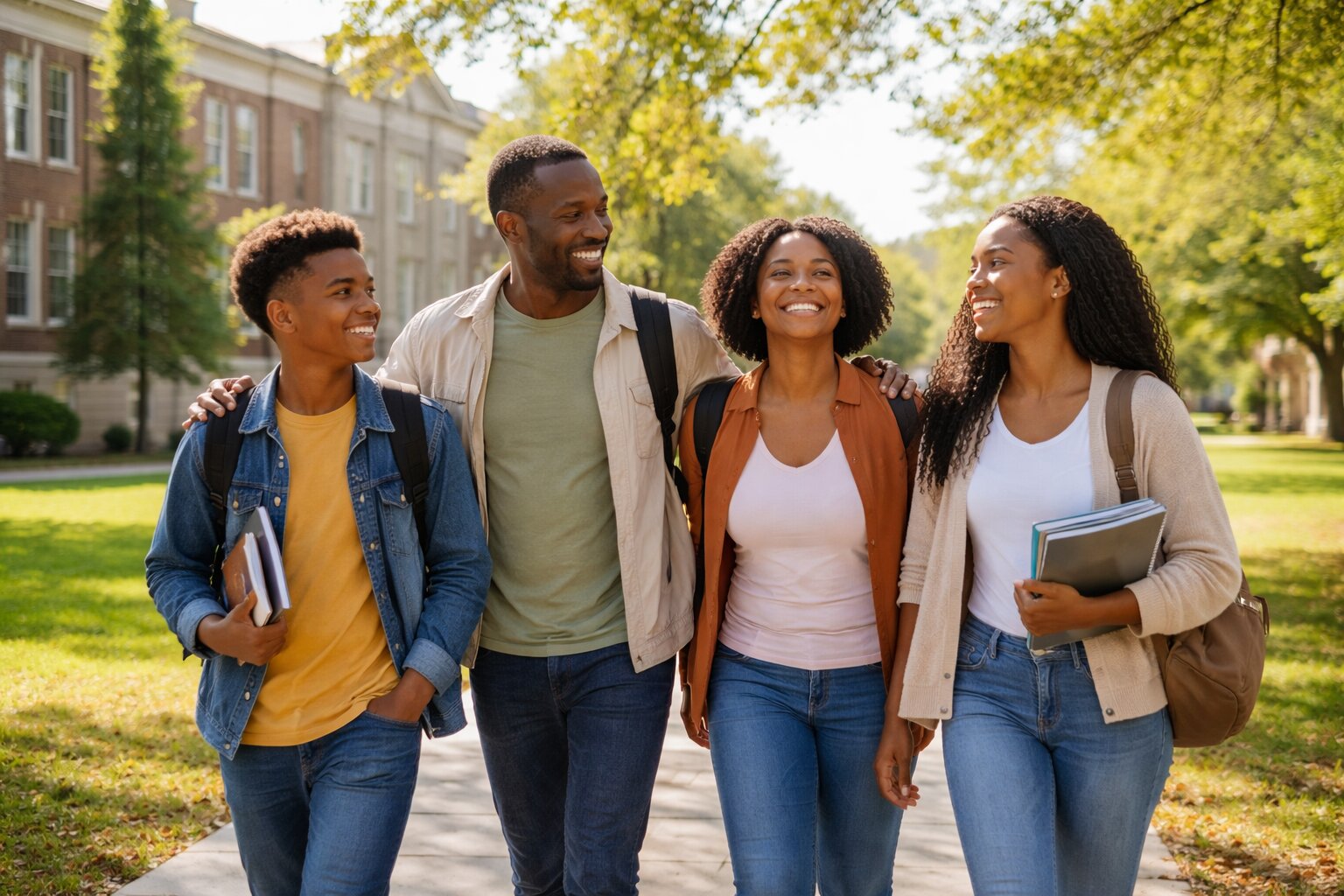 family walking on college campus representing education benefits of EB-5 visa