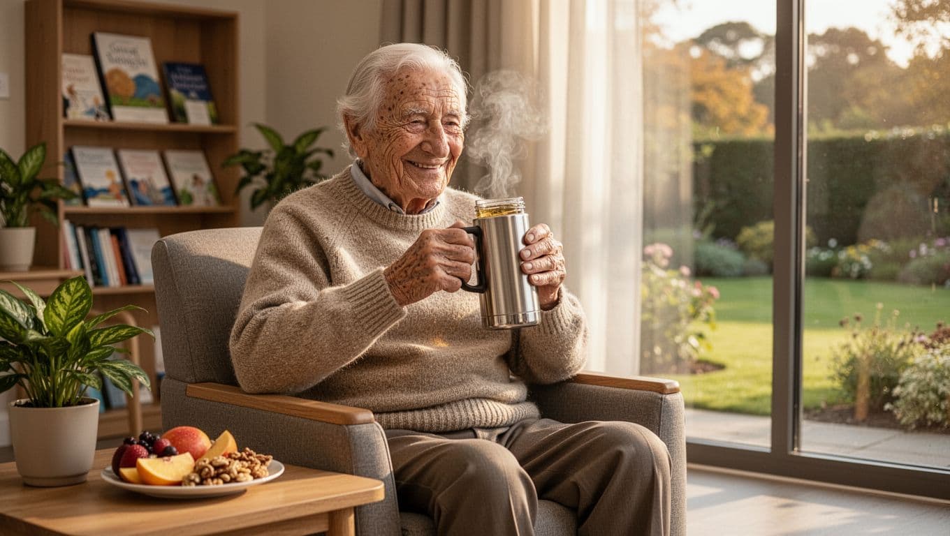 elderly man drinking from a thermos supporting hydration and nutrition