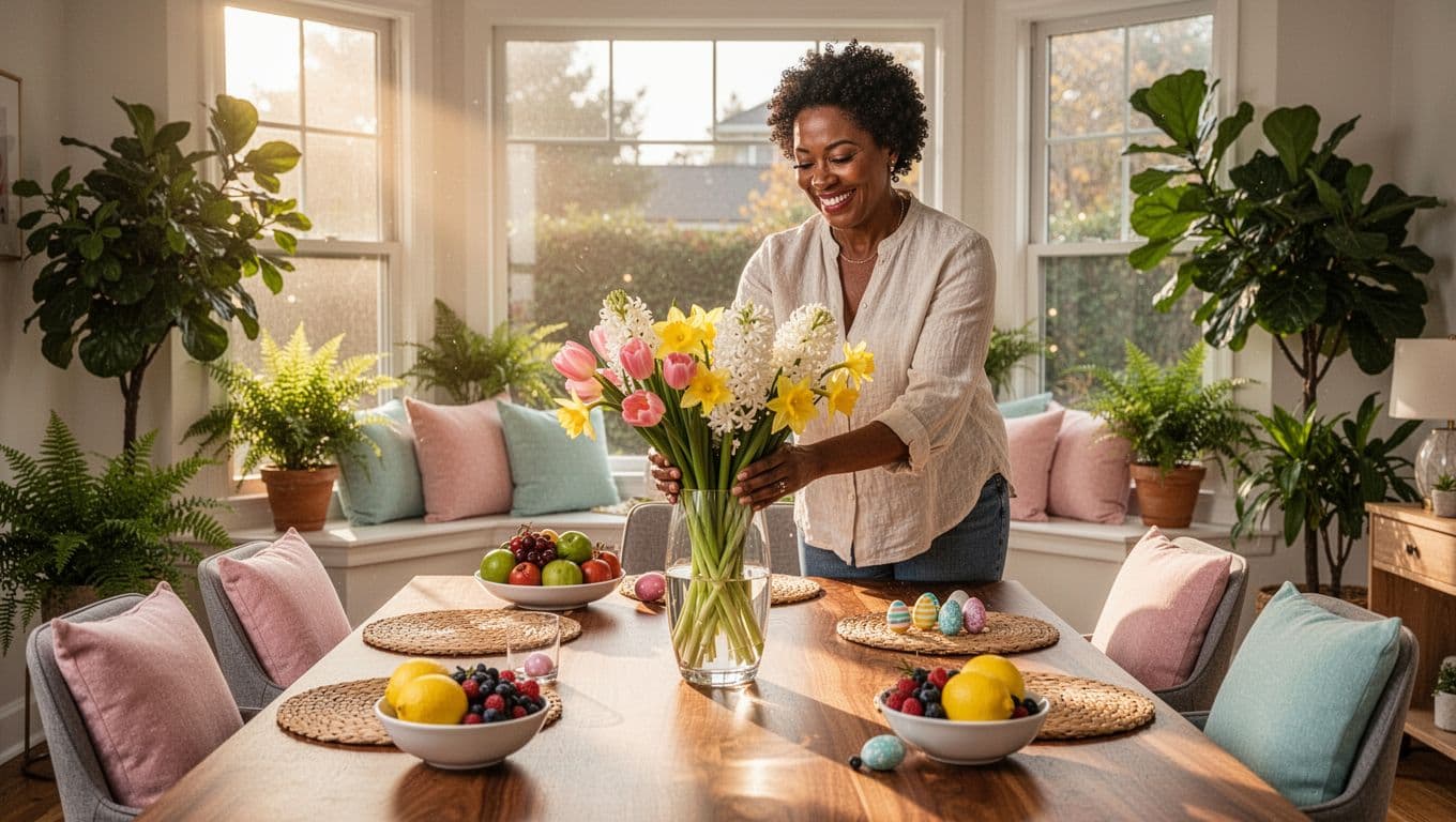 Black woman decorating her home with seasonal flowers