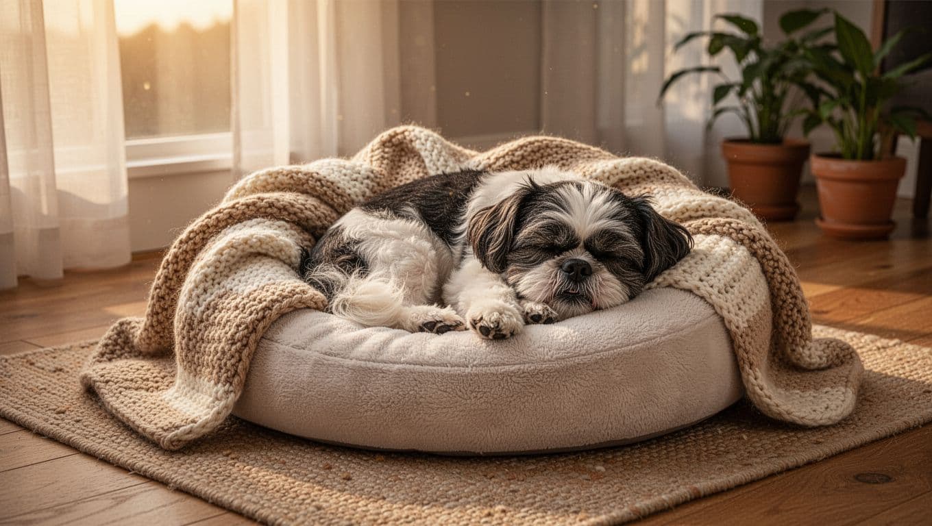 content shih tzu resting comfortably after eating healthy dog food for sensitive stomach