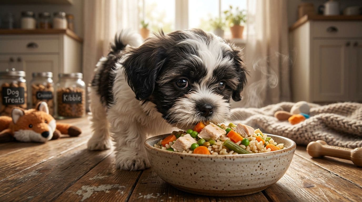 small shih tzu sniffing fresh cooked dog food designed for sensitive stomachs