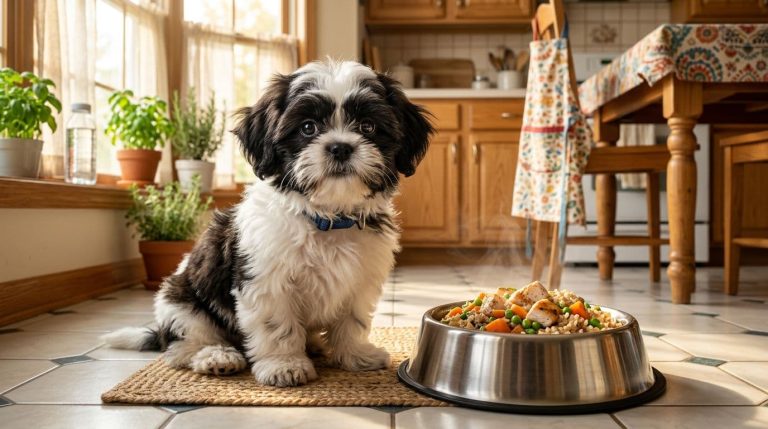 small shih tzu waiting beside bowl of fresh cooked dog food for sensitive stomach