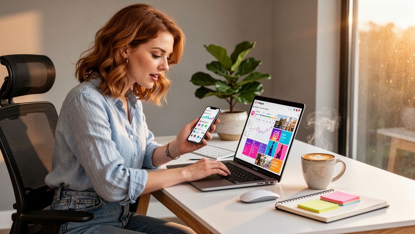 person working on laptop and smartphone building an online personal brand